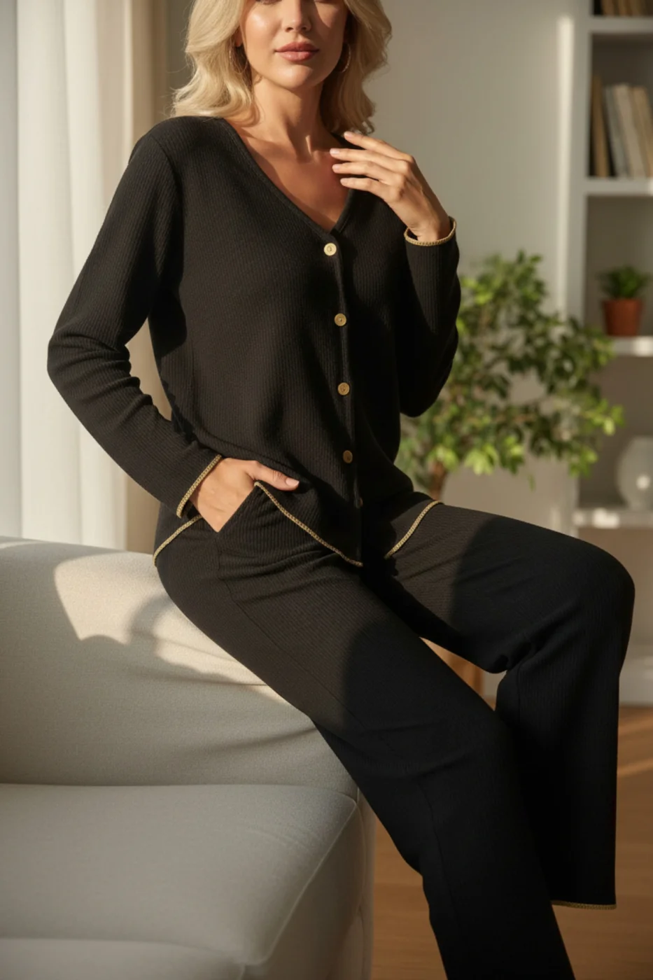 Premium Kadın Fitilli Pijama Takımı – Siyah Gold Biye Detaylı, Yumuşak Dokulu Ev Şıklığı görsel 3