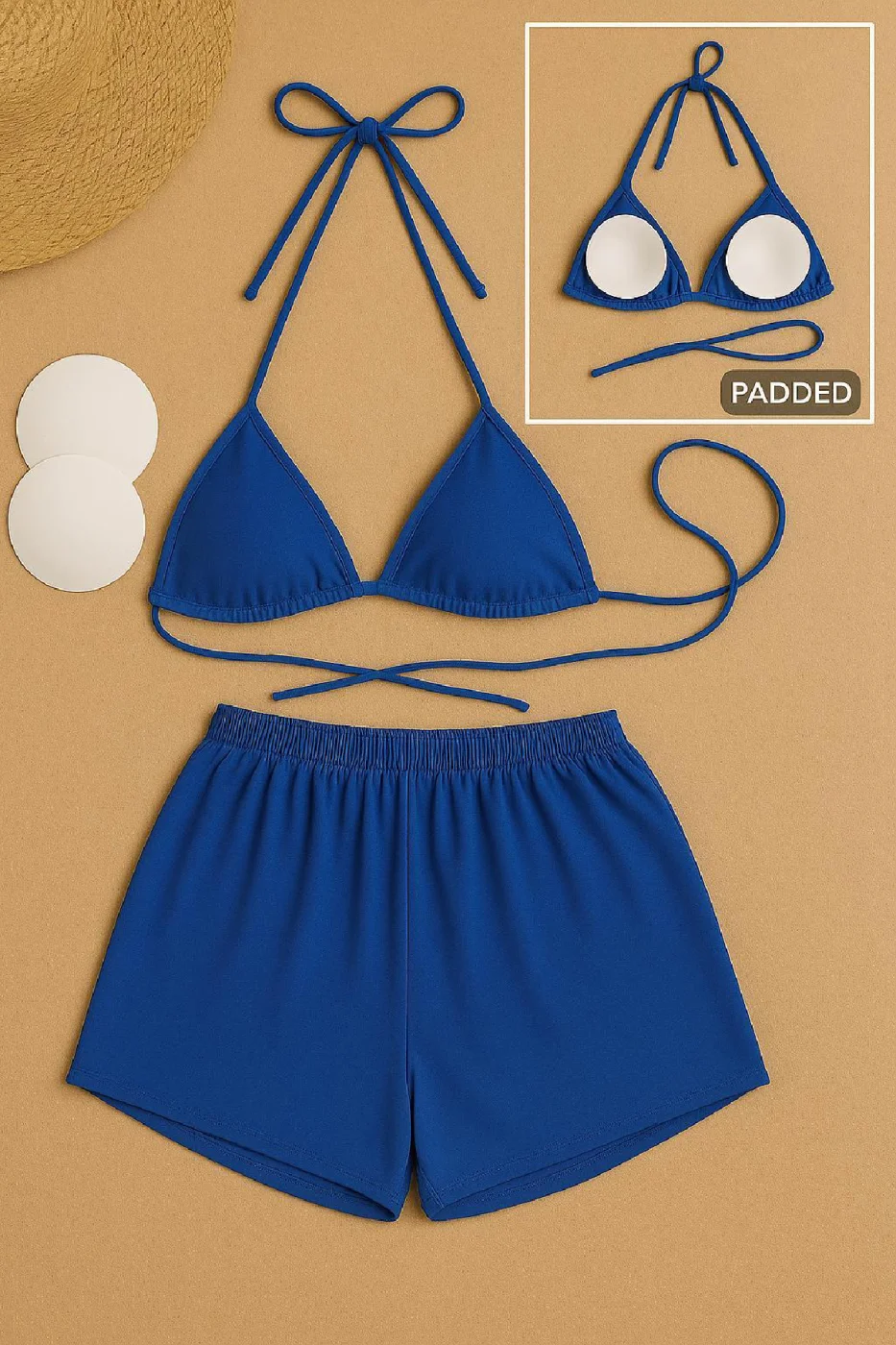 Kadın Mavi Şortlu Belden ve Boyundan Bağlamalı Bikini Takımı görsel 3