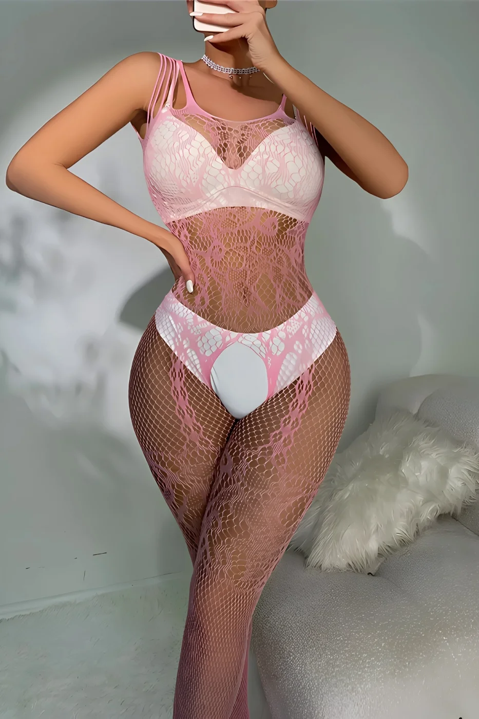 Pembe Askılı Dantel Detaylı File Vücut Çorabı TM1453 görsel 2