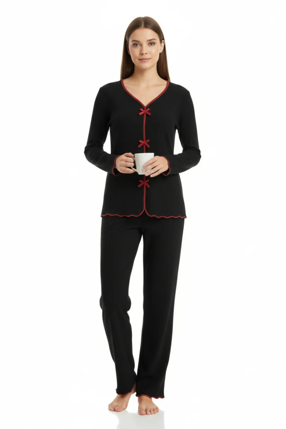 Premium Kadın 4’lü Fitilli Set – Siyah Kırmızı Biyeli (Pijama Üst, Pantolon, Bikini Takımı) görsel 2