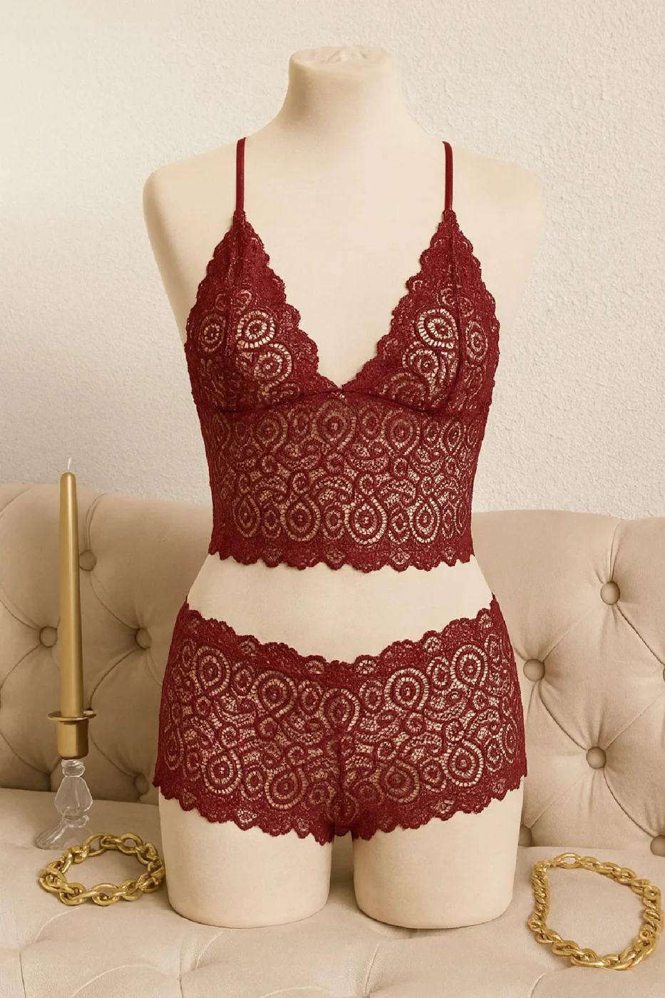 Kadın Bordo Dantel Bralet Şort Takımı – Asil ve Sofistike İç Giyim görsel 3