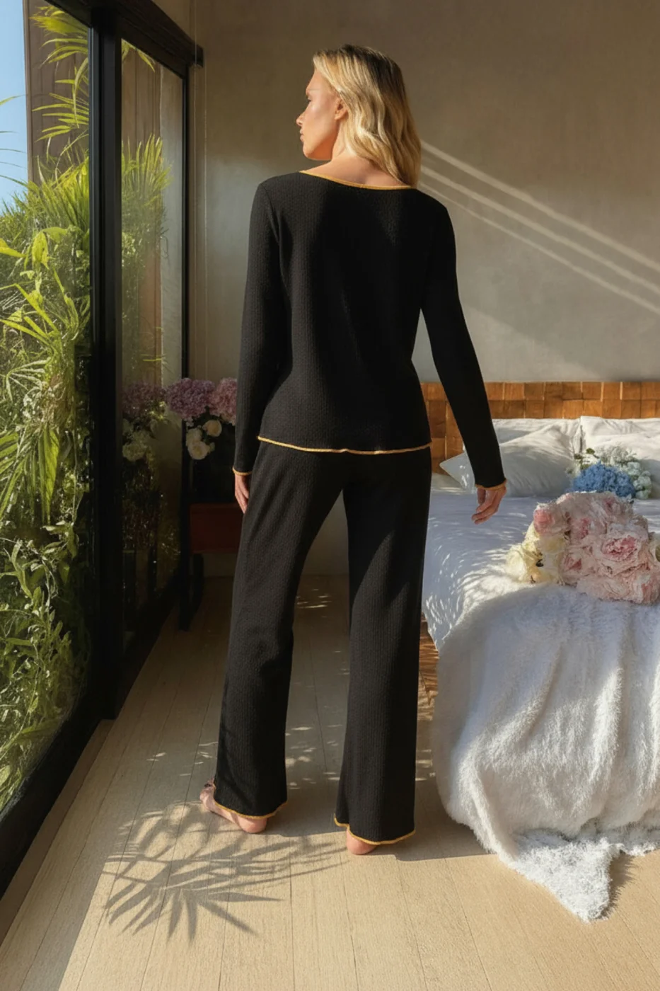 Kadın Siyah Fiyonklu İç Çamaşırı ve Uzun Kollu V Yaka Pijama Takımı 4'lü Set görsel 7
