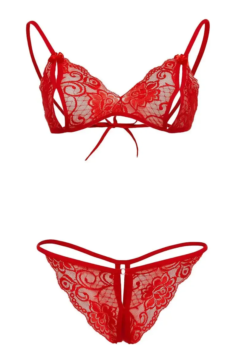 Kırmızı Dantelli Fantazi Sütyen ve G-String Takım TM2048 görsel 4