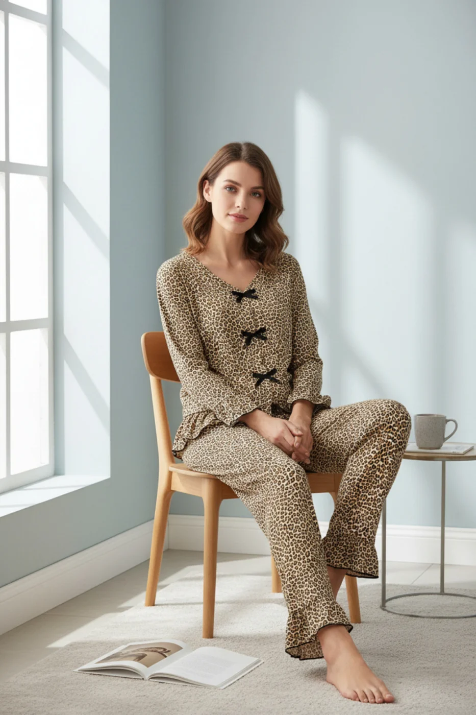 Kadın Uzun Kollu Leopar Desenli Fiyonklu Ev Giyim Pijama Takımı görsel 12