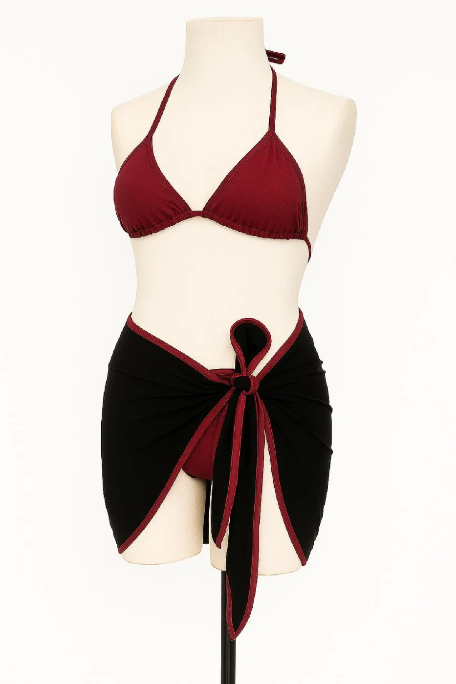 Kadın Bordo Siyah Pareolu Yandan ve Boyundan Bağlamalı 3'lü Bikini Takımı görsel 2