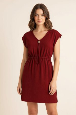 Kadın Bordo Yanları Yırtmaçlı Tokalı V Yaka Mini Plaj Elbisesi