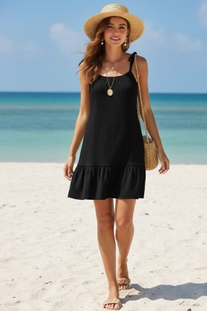 Kadın Siyah Askılı Bol Kesim Fırfırlı Plaj Elbisesi