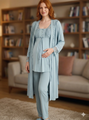 Bone 6205 Kadın 3'lü Jakarlı Sabahlıklı Lohusa Pijama Takımı