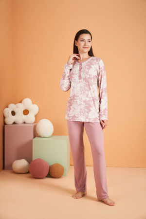 PJS 28016 Kadın Uzun Kol Yarı Patlı Desenli Pijama Takım